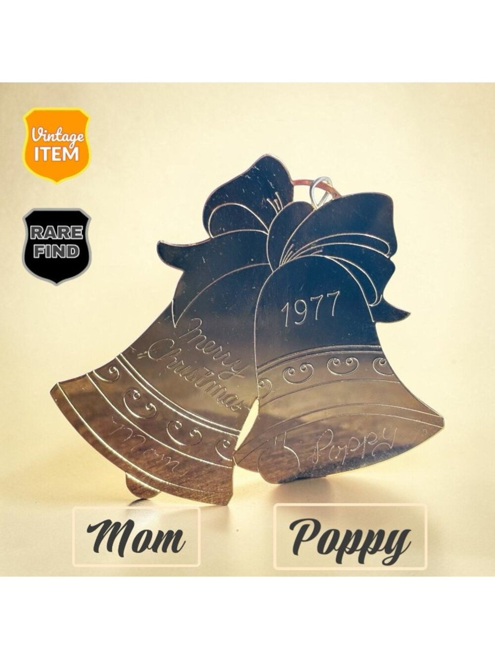 Vintage Brass Merry Christmas Engraved Holiday Christmas Bells Mom & Poppy RARE!